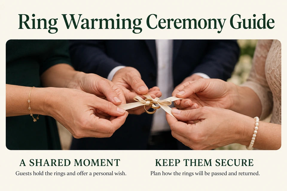 Ring Warming Ceremony Guide: Guests hold the rings and offer a personal wish. Plan how the rings will be passed and returned.