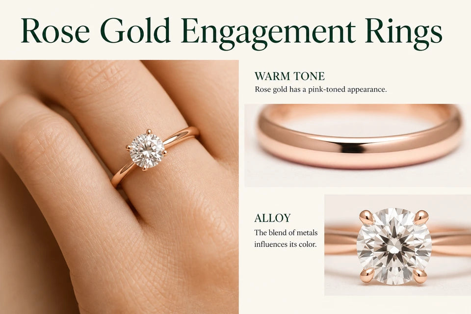 Rose Gold Engagement Rings: Rose gold has a pink-toned appearance. The blend of metals influences its color.