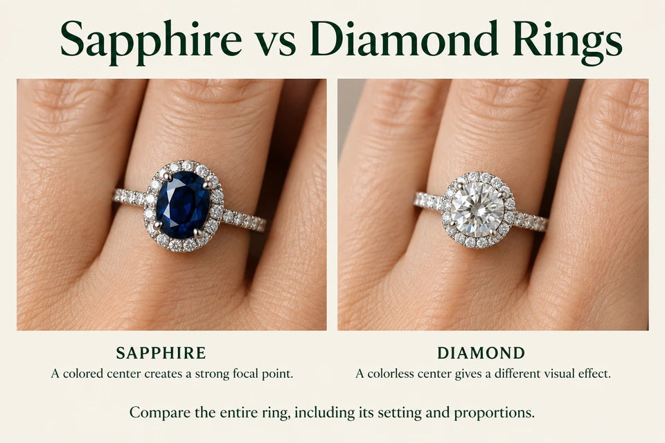 Sapphire vs Diamond Rings: A colored center creates a strong focal point. A colorless center gives a different visual effect.