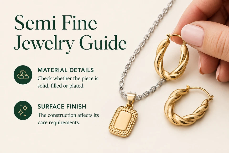 Semi Fine Jewelry Guide: Check whether the piece is solid, filled or plated. The construction affects its care requirements.