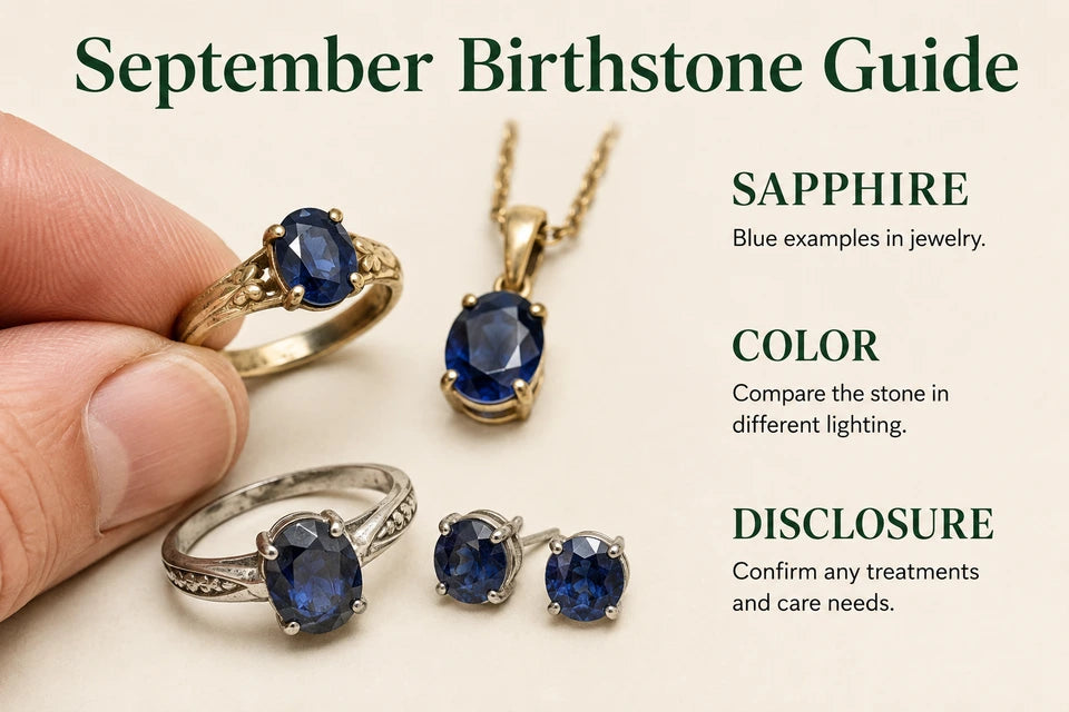 September Birthstone Guide: Blue examples in jewelry. Compare the stone in different lighting.