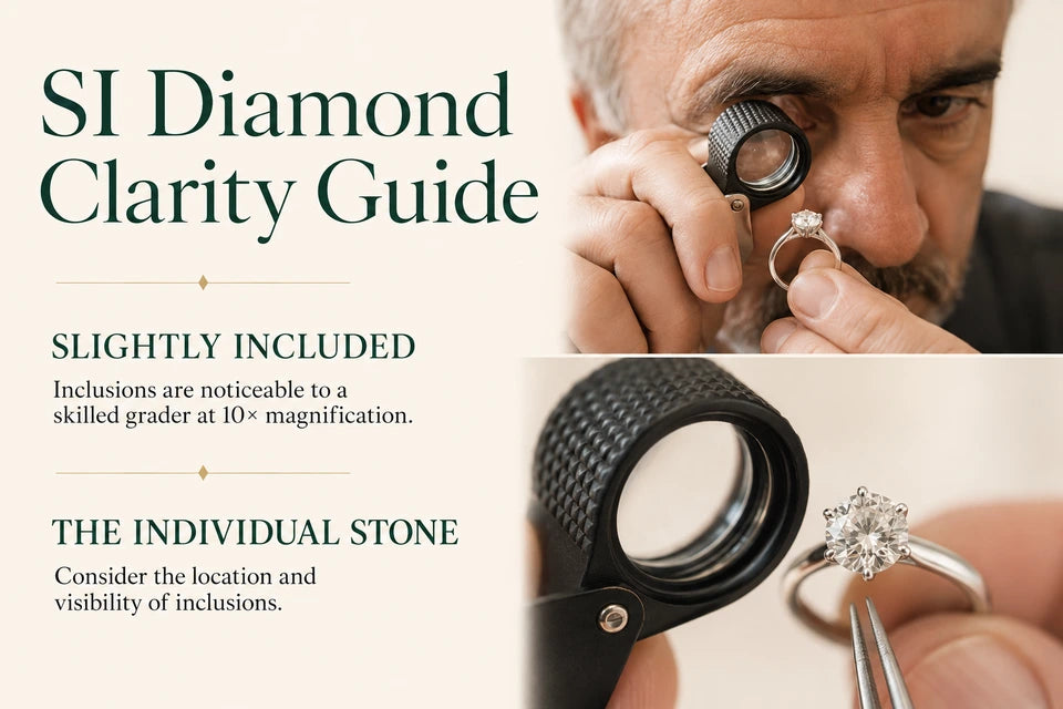 SI Diamond Clarity Guide: Inclusions are noticeable to a skilled grader at 10× magnification. Consider the location and visibility of inclusions.