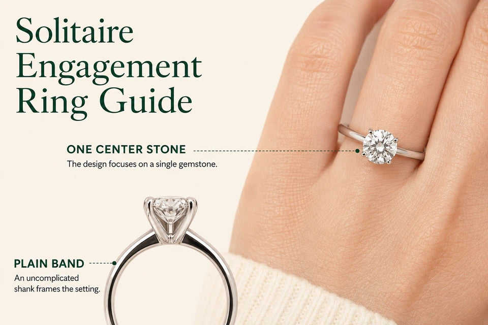 Solitaire Engagement Ring Guide: The design focuses on a single gemstone. An uncomplicated shank frames the setting.