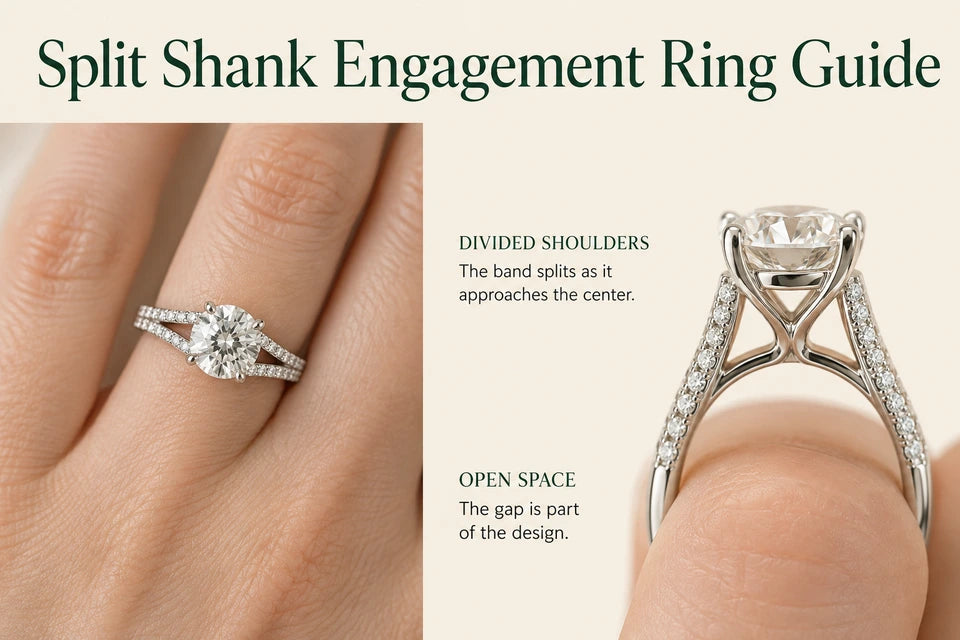 Split Shank Engagement Ring Guide: The band splits as it approaches the center. The gap is part of the design.