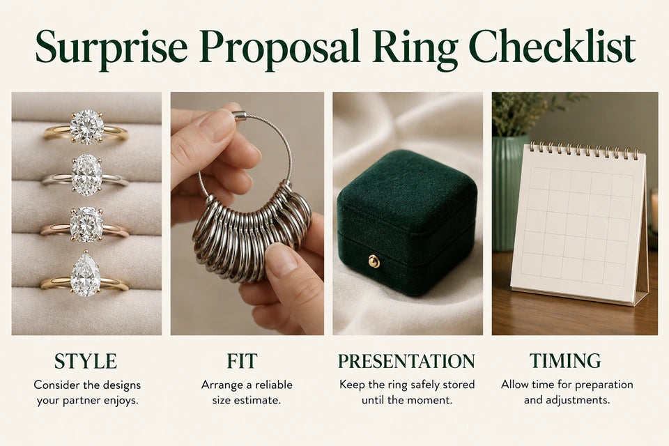 Surprise Proposal Ring Checklist: Consider the designs your partner enjoys. Arrange a reliable size estimate.