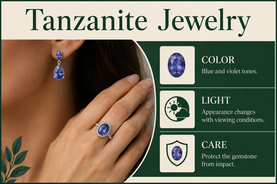 Tanzanite Jewelry Guide: Blue and violet tones. Appearance changes with viewing conditions.