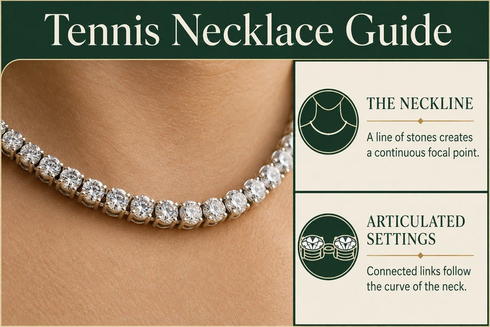 Tennis Necklace Guide: A line of stones creates a continuous focal point. Connected links follow the curve of the neck.