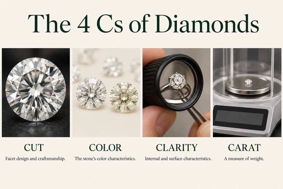 The 4 Cs of Diamonds: Facet design and craftsmanship. The stone’s color characteristics.