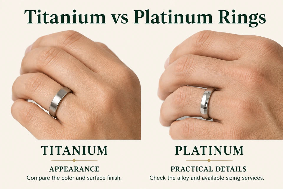 Titanium vs Platinum Rings: Compare the color and surface finish. Check the alloy and available sizing services.