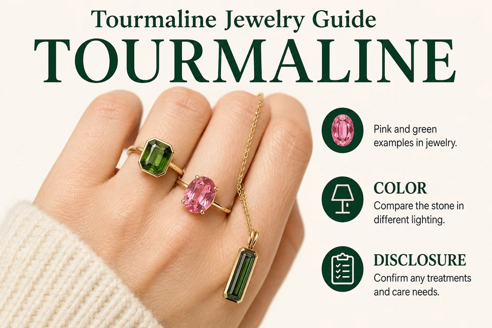 Tourmaline Jewelry Guide: Pink and green examples in jewelry. Compare the stone in different lighting.