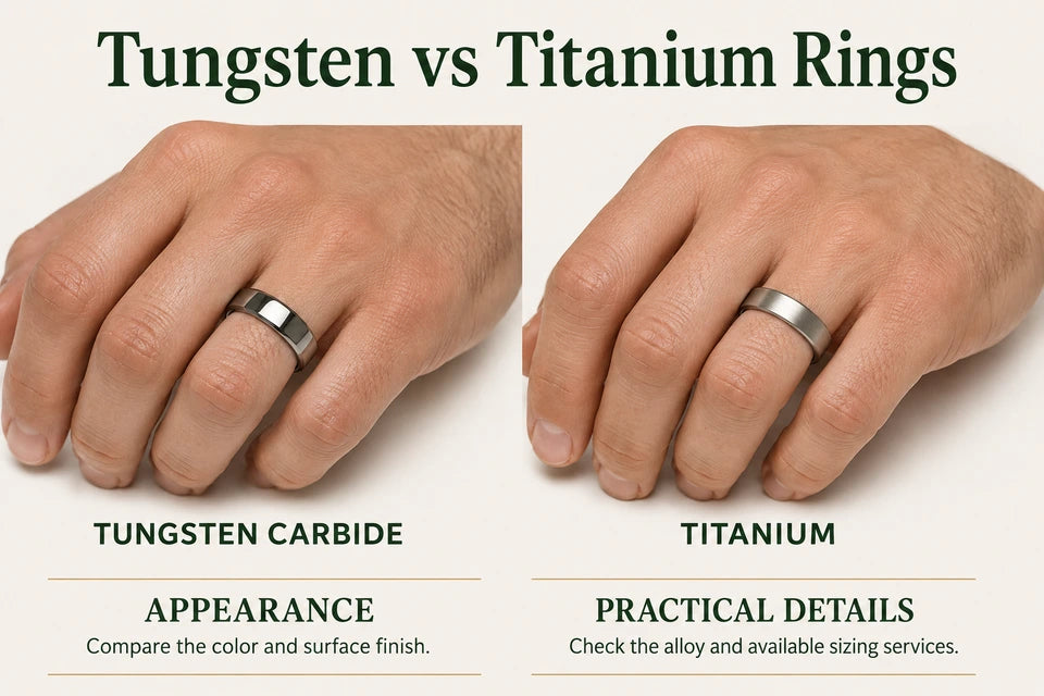 Tungsten vs Titanium Rings: Compare the color and surface finish. Check the alloy and available sizing services.
