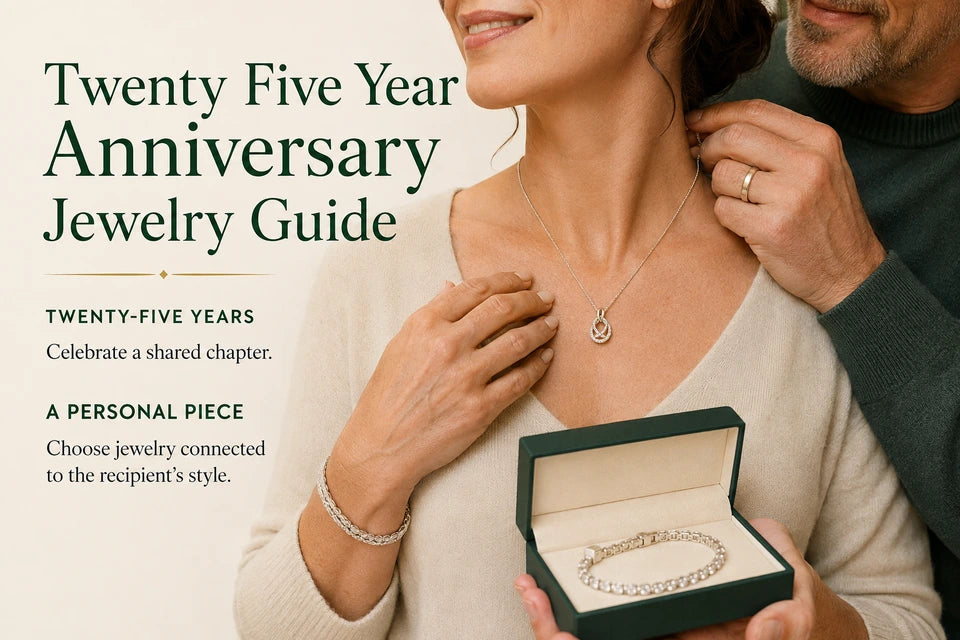 Twenty Five Year Anniversary Jewelry Guide: Celebrate a shared chapter. Choose jewelry connected to the recipient’s style.