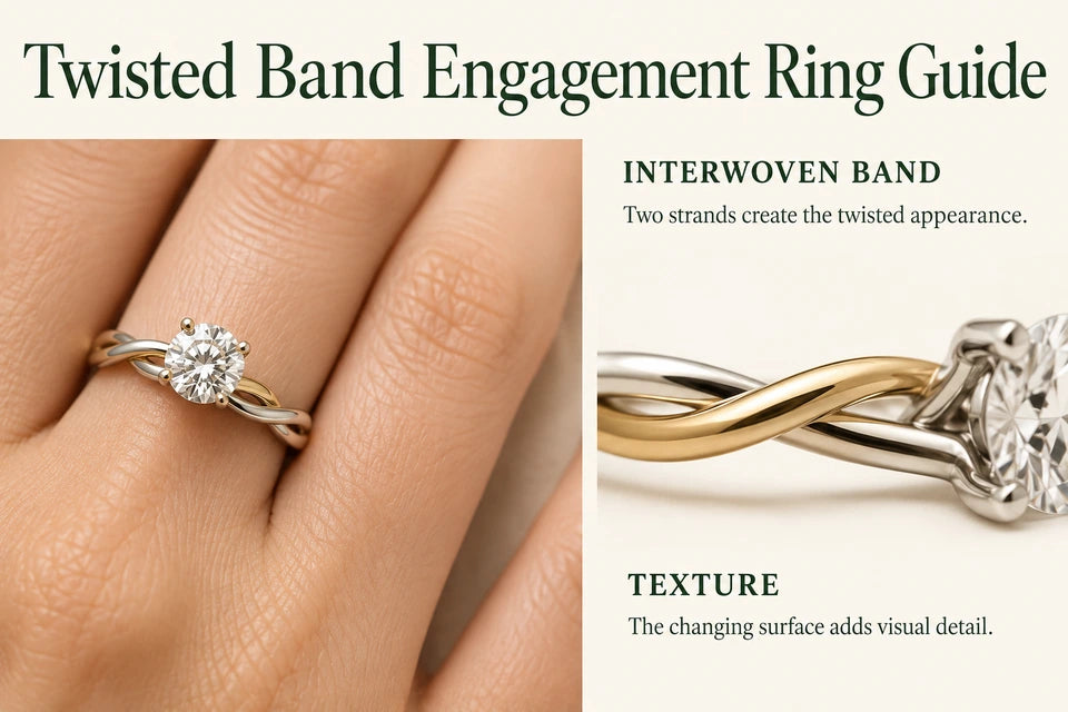 Twisted Band Engagement Ring Guide: Two strands create the twisted appearance. The changing surface adds visual detail.