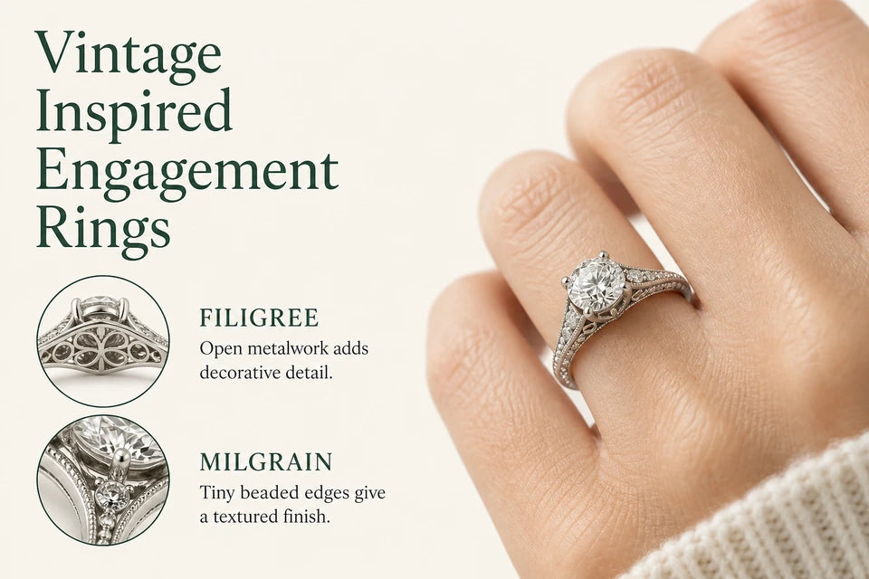 Vintage Inspired Engagement Rings: Open metalwork adds decorative detail. Tiny beaded edges give a textured finish.
