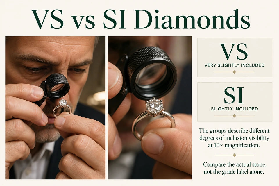 VS vs SI Diamonds: The groups describe different degrees of inclusion visibility at 10× magnification. Compare the actual stone, not the grade label alone.