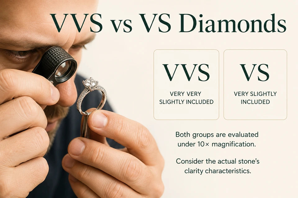 VVS vs VS Diamonds: Both groups are evaluated under 10× magnification. Consider the actual stone’s clarity characteristics.