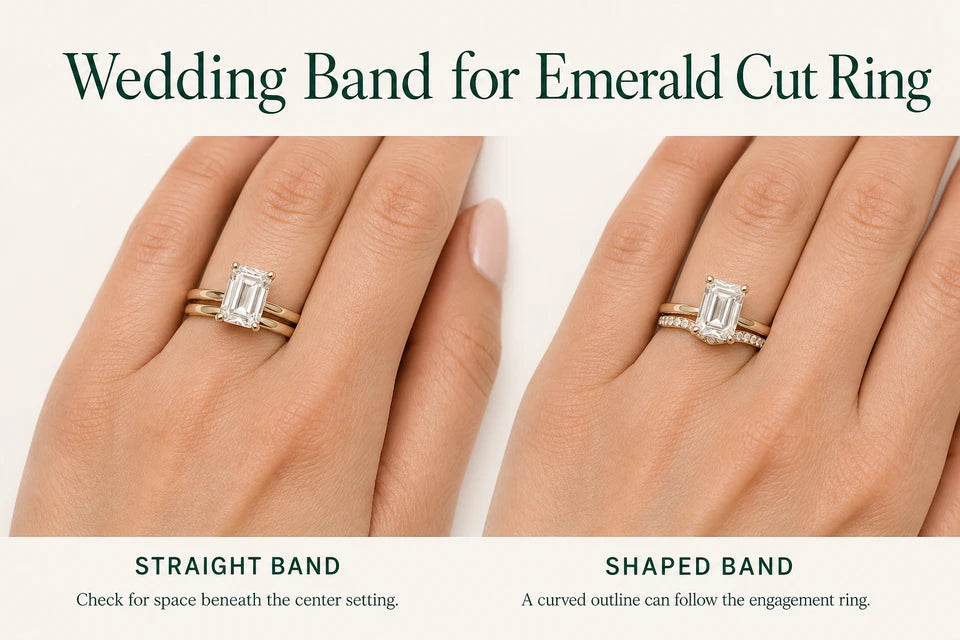 Wedding Band for Emerald Cut Ring: Check for space beneath the center setting. A curved outline can follow the engagement ring.