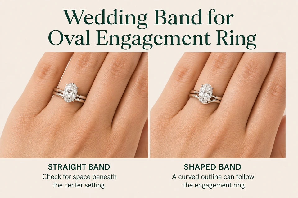 Wedding Band for Oval Engagement Ring: Check for space beneath the center setting. A curved outline can follow the engagement ring.