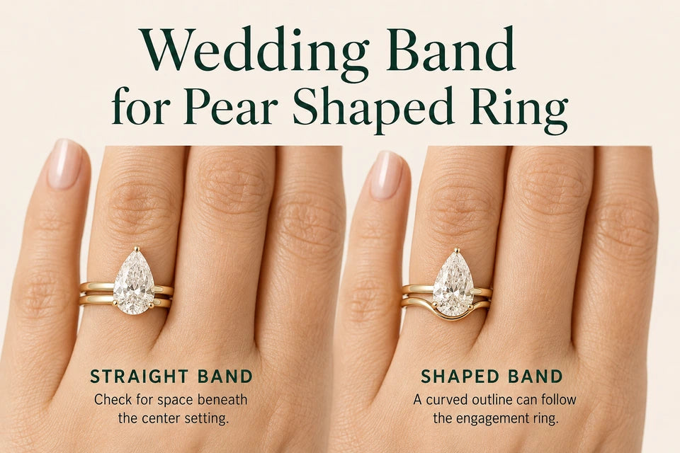 Wedding Band for Pear Shaped Ring: Check for space beneath the center setting. A curved outline can follow the engagement ring.