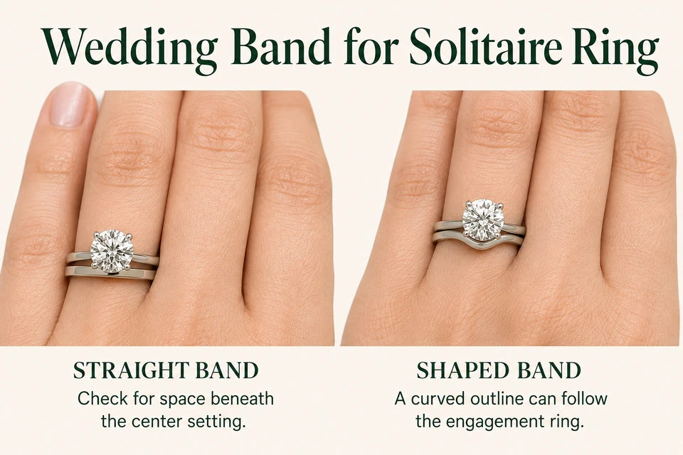 Wedding Band for Solitaire Ring: Check for space beneath the center setting. A curved outline can follow the engagement ring.