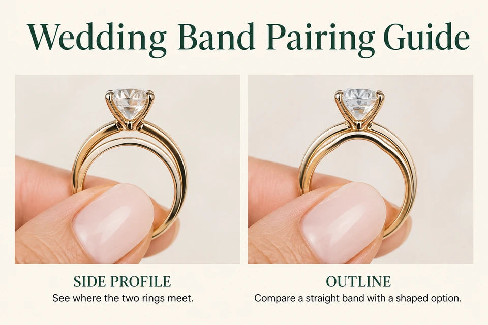 Wedding Band Pairing Guide: See where the two rings meet. Compare a straight band with a shaped option.