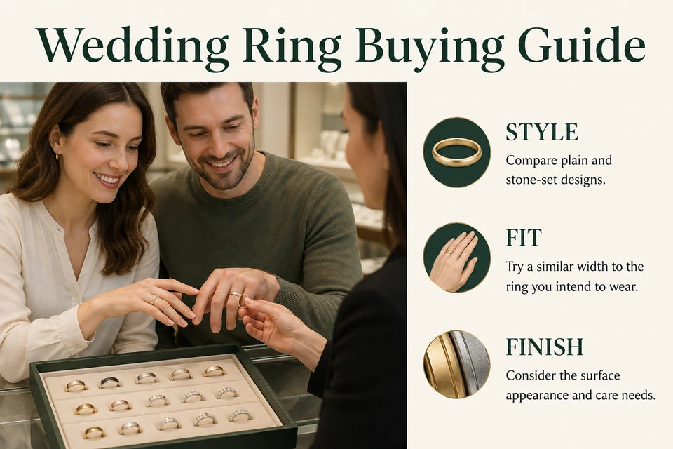 Wedding Ring Buying Guide: Compare plain and stone-set designs. Try a similar width to the ring you intend to wear.
