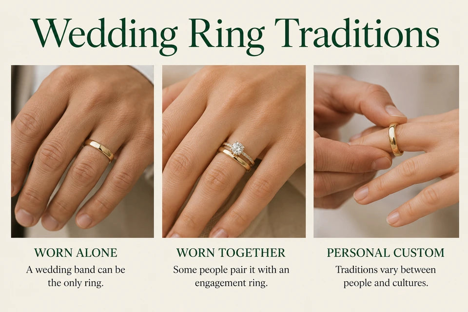 Wedding Ring Traditions: A wedding band can be the only ring. Some people pair it with an engagement ring.