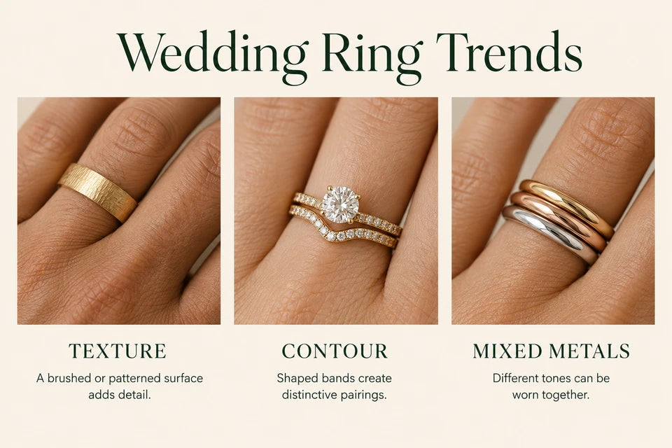 Wedding Ring Trends: A brushed or patterned surface adds detail. Shaped bands create distinctive pairings.