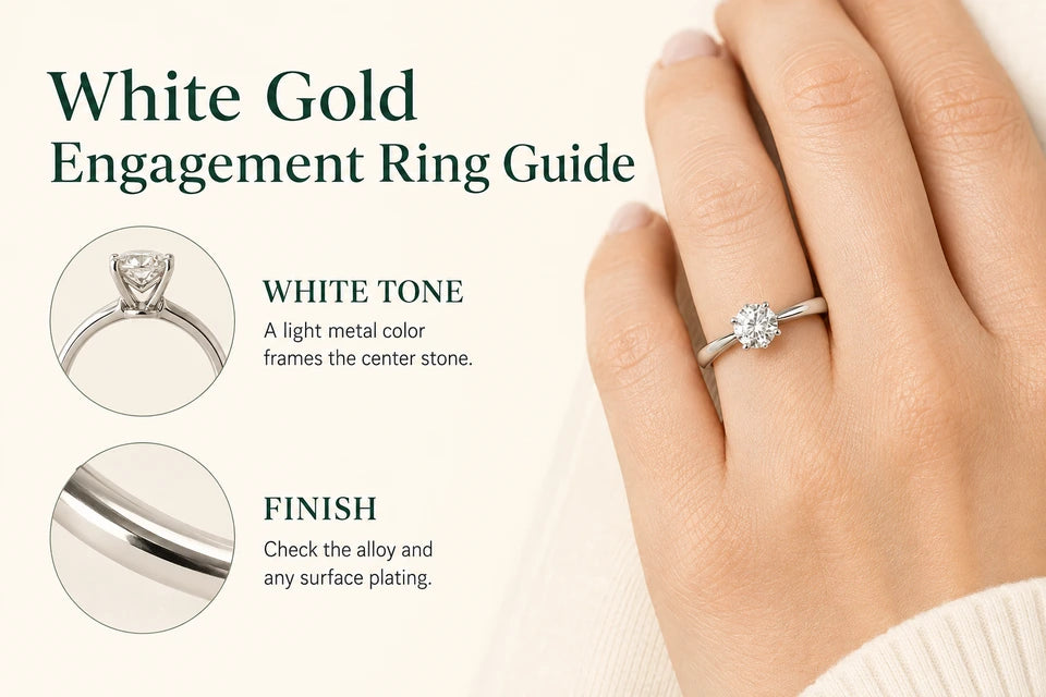 White Gold Engagement Ring Guide: A light metal color frames the center stone. Check the alloy and any surface plating.