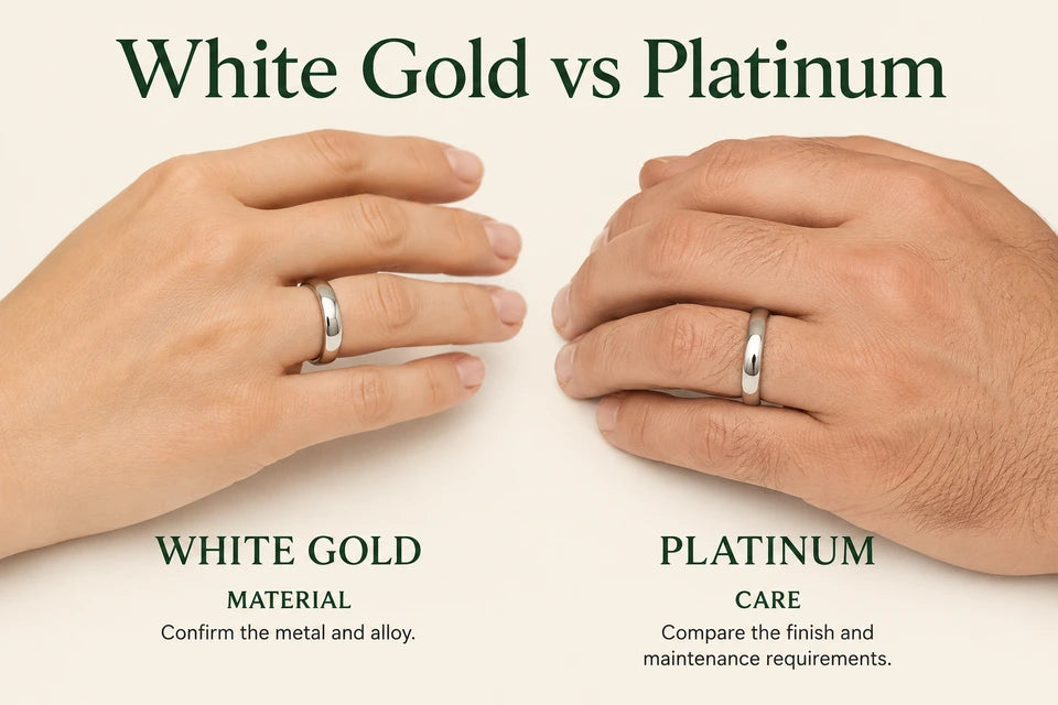 White Gold vs Platinum: Confirm the metal and alloy. Compare the finish and maintenance requirements.