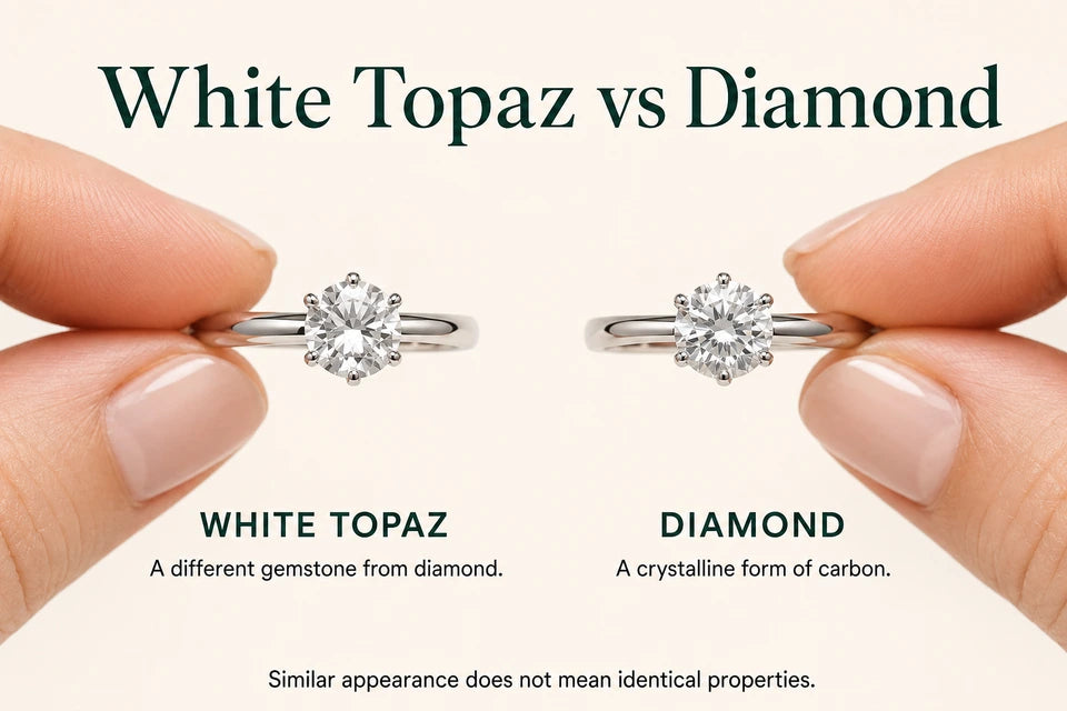 White Topaz vs Diamond: A different gemstone from diamond. A crystalline form of carbon.