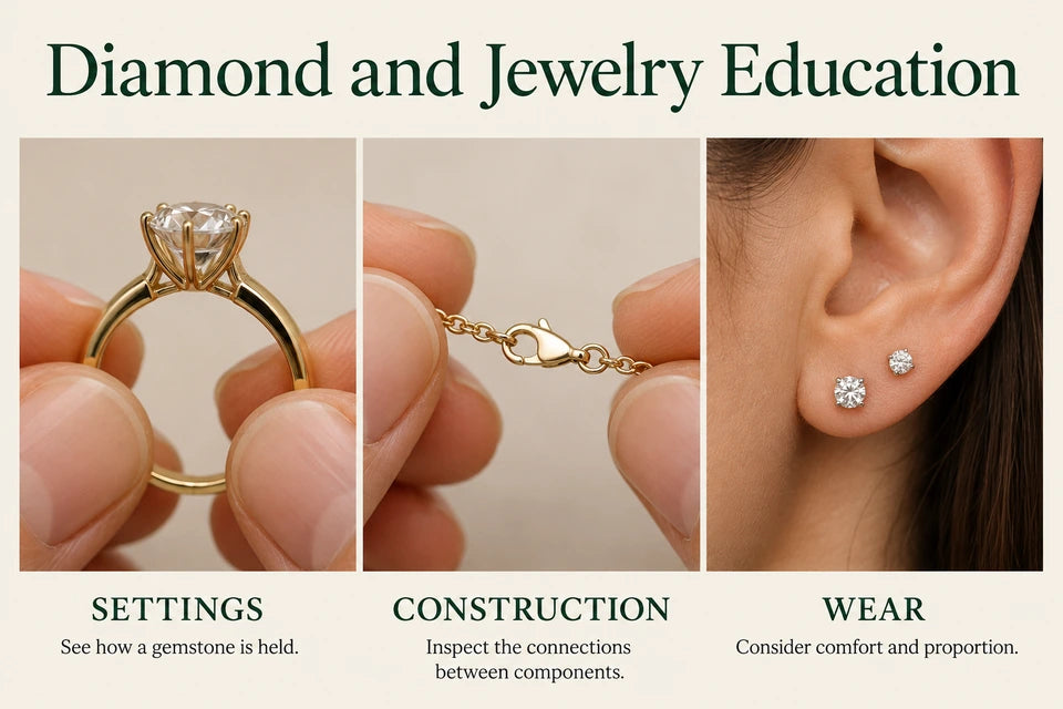 Diamond and Jewelry Education: See how a gemstone is held. Inspect the connections between components.