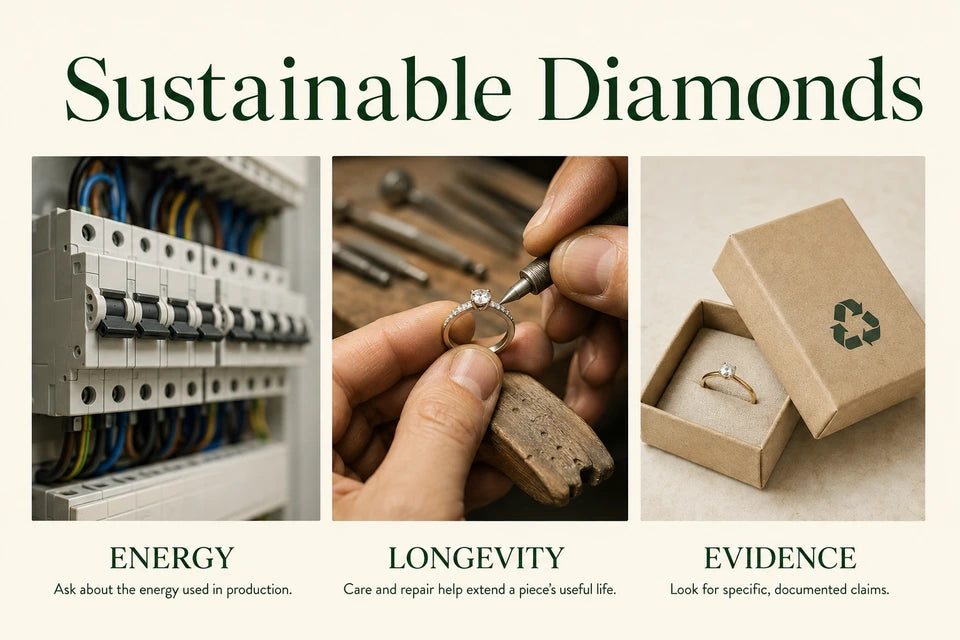 Sustainable Diamonds: Ask about the energy used in production. Care and repair help extend a piece’s useful life.