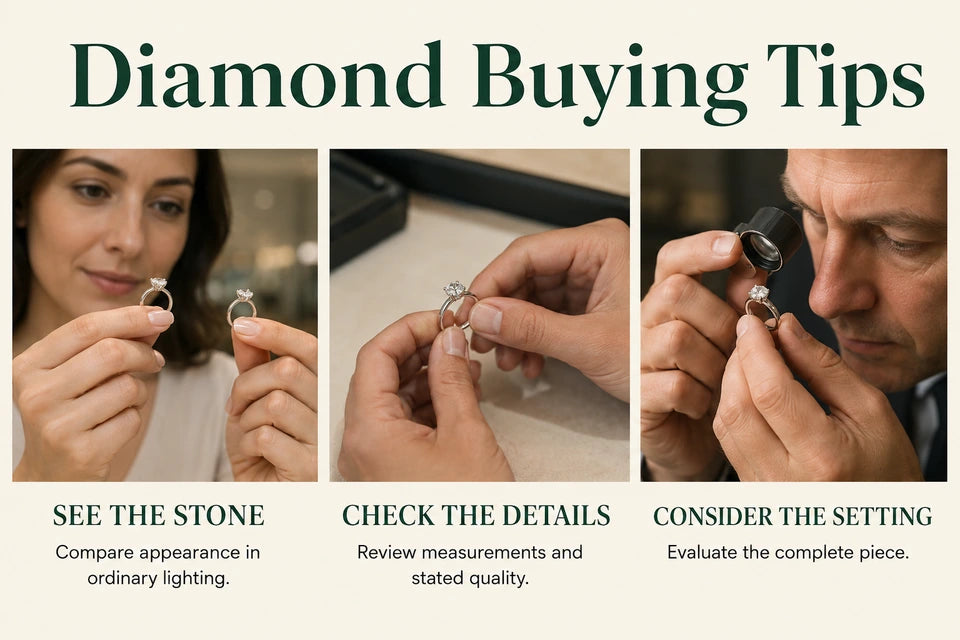 Diamond Buying Tips: Compare appearance in ordinary lighting. Review measurements and stated quality.