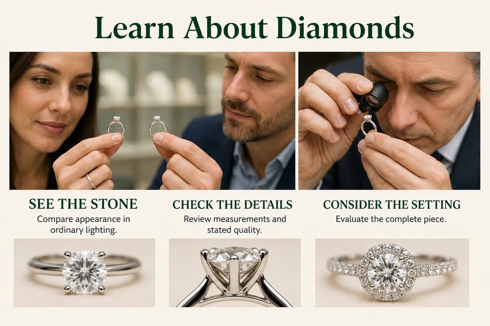 Learn About Diamonds: Compare appearance in ordinary lighting. Review measurements and stated quality.