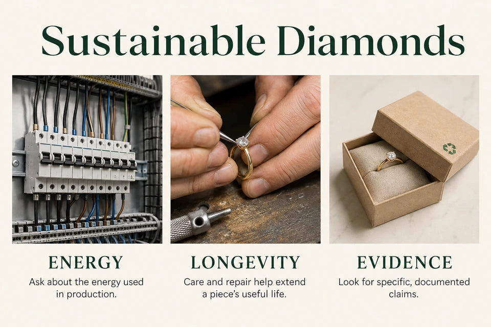 Sustainable Diamonds: Ask about the energy used in production. Care and repair help extend a piece’s useful life.