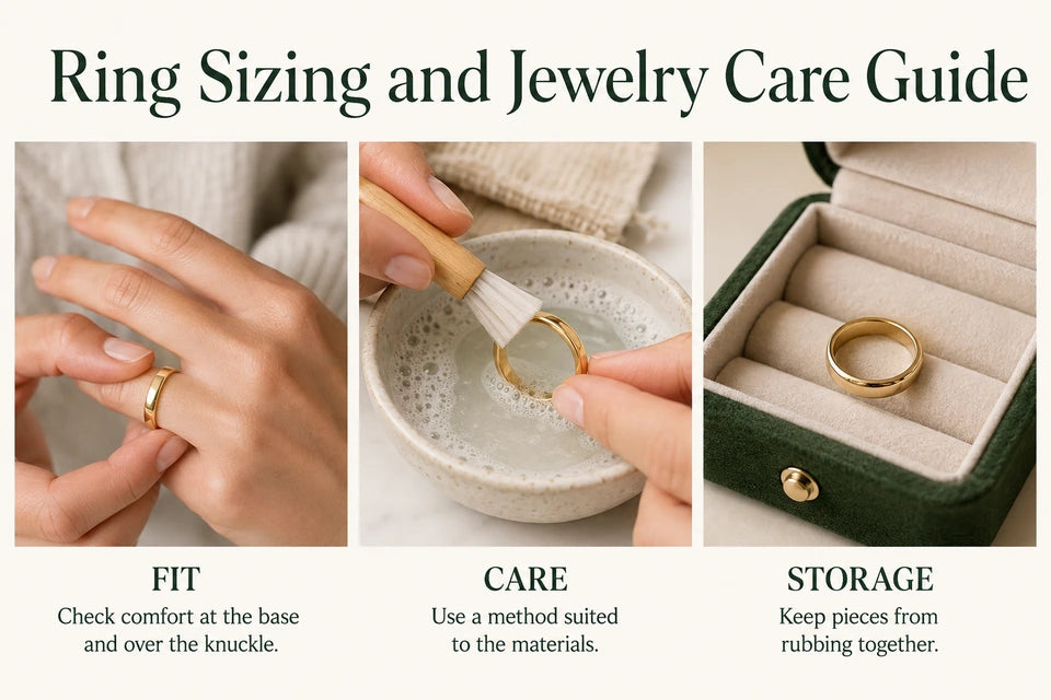 Ring Sizing and Jewelry Care Guide: Check comfort at the base and over the knuckle. Use a method suited to the materials.
