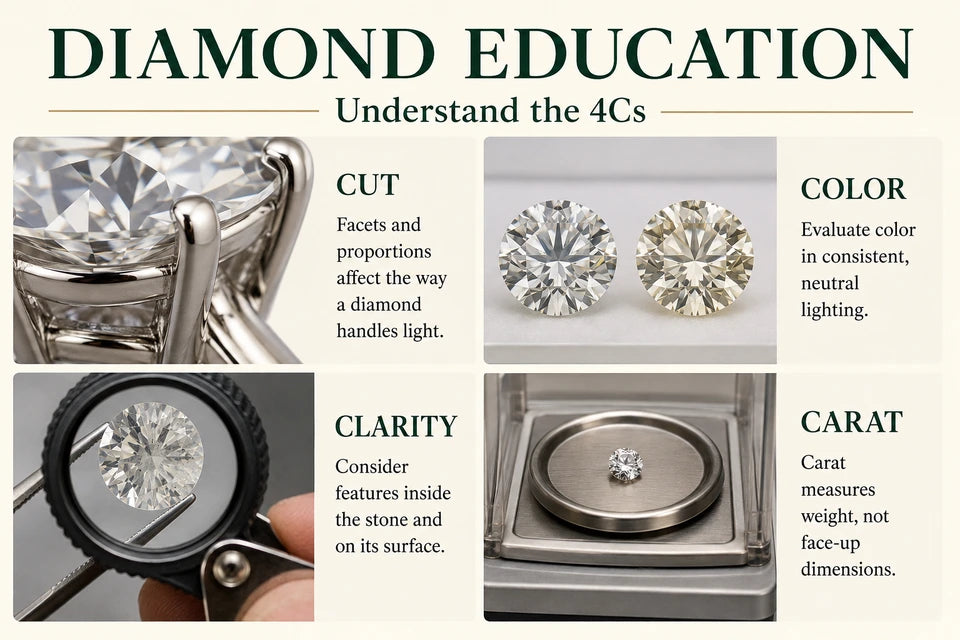 Diamond Education: Facets and proportions affect the way a diamond handles light. Evaluate color in consistent, neutral lighting.