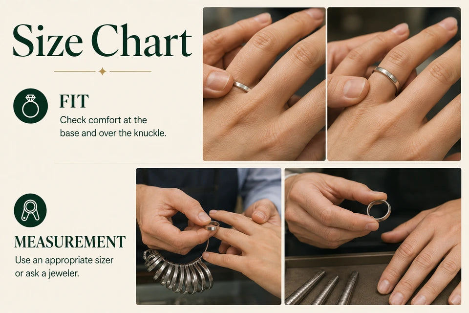Size Chart: Check comfort at the base and over the knuckle. Use an appropriate sizer or ask a jeweler.