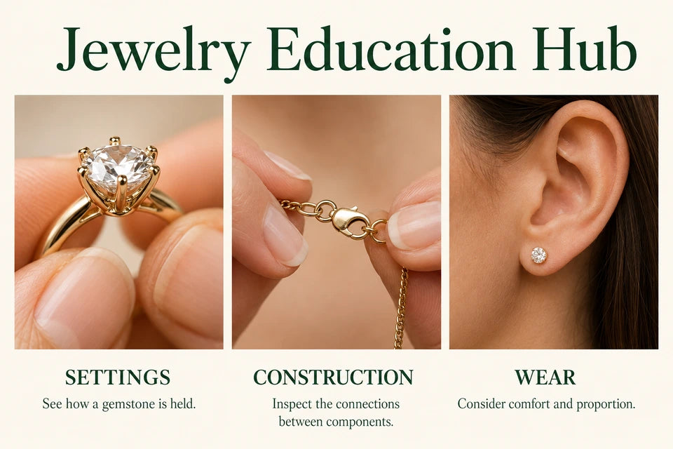 Jewelry Education Hub: See how a gemstone is held. Inspect the connections between components.